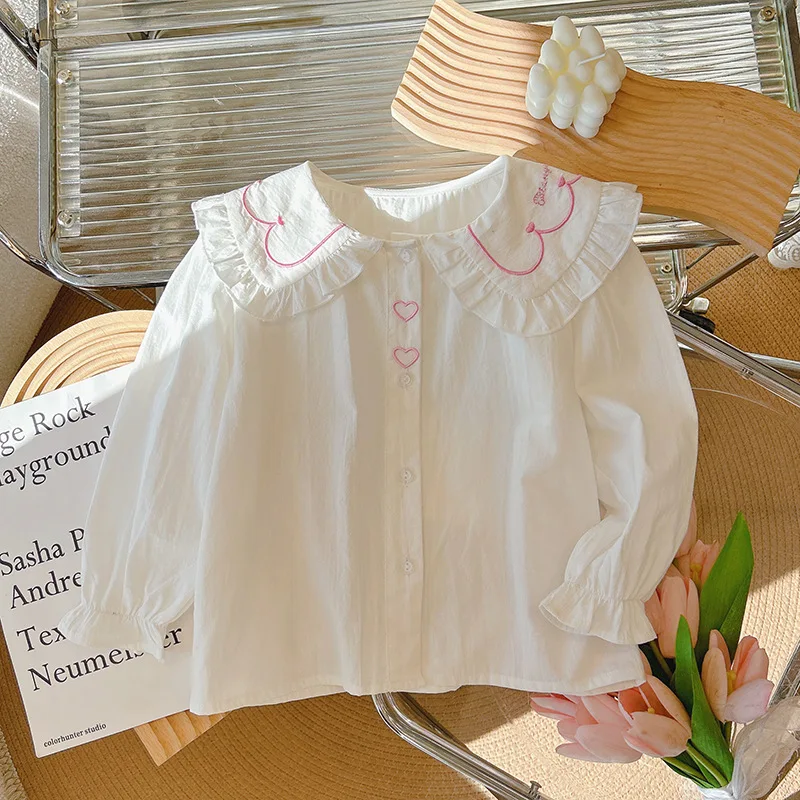 Baby Girls Blouses Kids White Pink Shirts Toddler Doll Collar Tops 2024 Spring Autumn Children's Korean Style Clothing