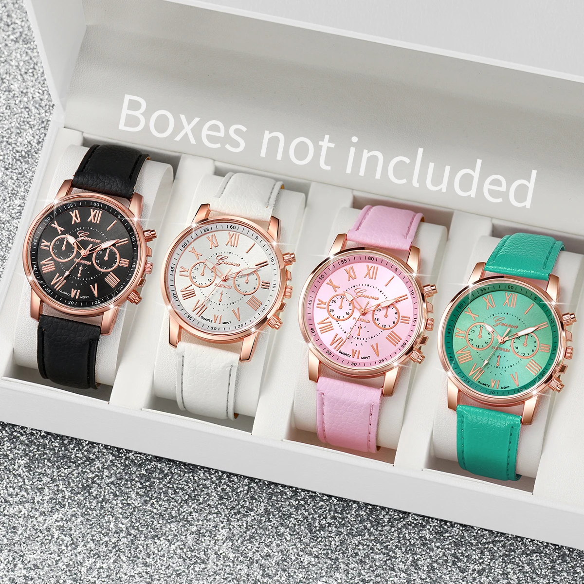 4PCS/Set Women Watches Set Fashion Roma Dial Leather Band Quartz Watch(Without Box)