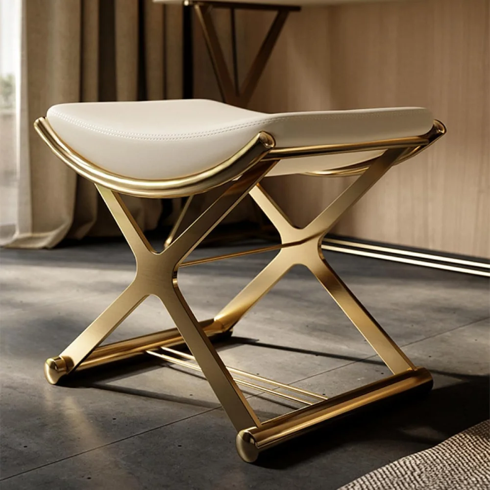 

Leather Ottoman Vanity Stool with Metal X Legs, Multifunctional Modern Padded Seat Rest, for Makeup, Living Room