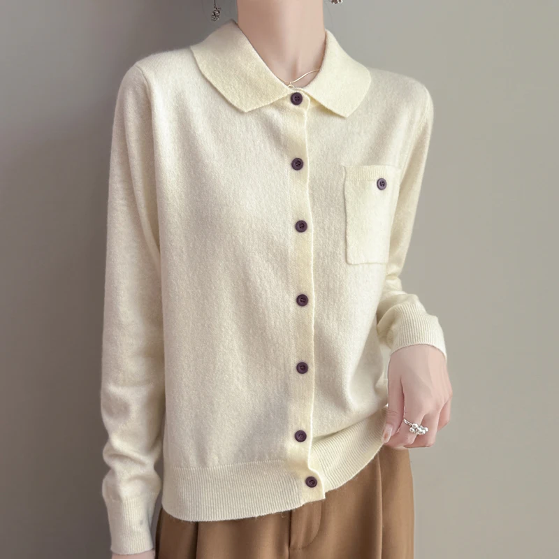 Spring 2025 New Polo Neck Cardigan Women\'s Pure Wool Sweater Jacket Fashion Solid Color Knitted Jacket Women\'s Clothes