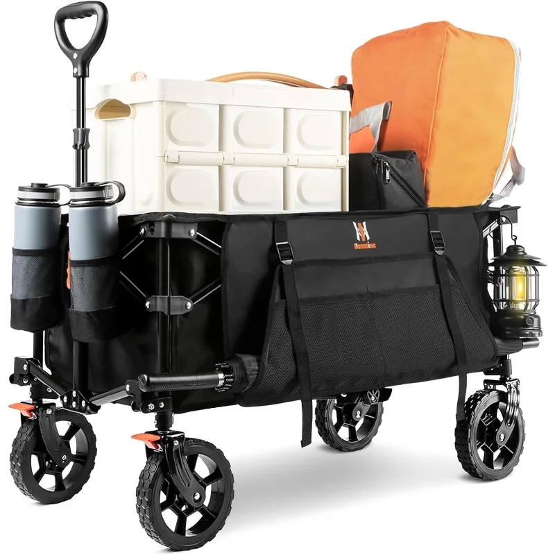 

Collapsible Folding Wagon, Heavy Duty Utility Beach Wagon Cart with Side Pocket and Brakes,Large Capacity Foldable Grocery Wagon