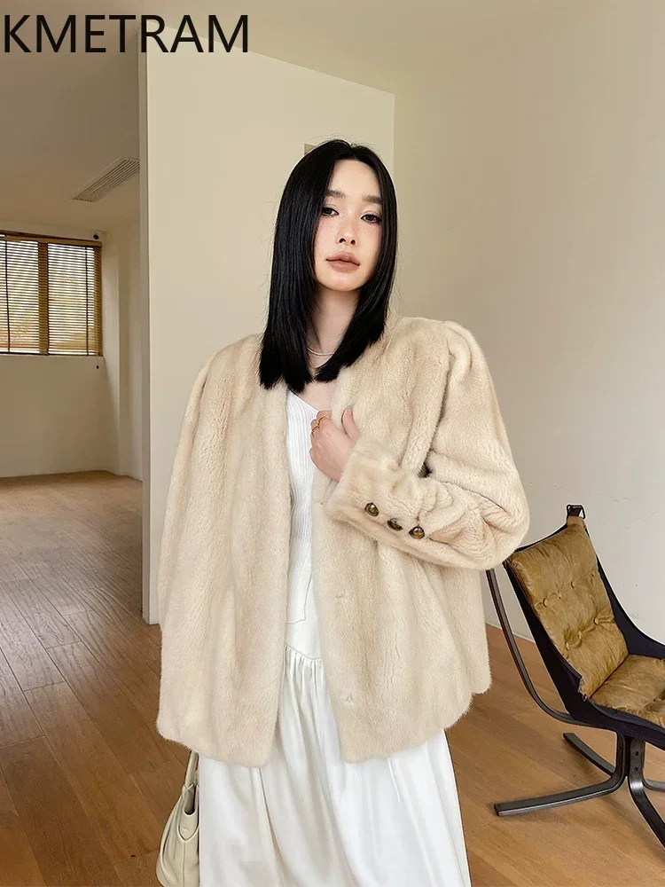 KMETRAM Real Purple Label Velvet Mink Fur Coat Woman V-Neck Whole Mink Fur Jacket Fashion Winter Coats Women Clothing 65cm 2026
