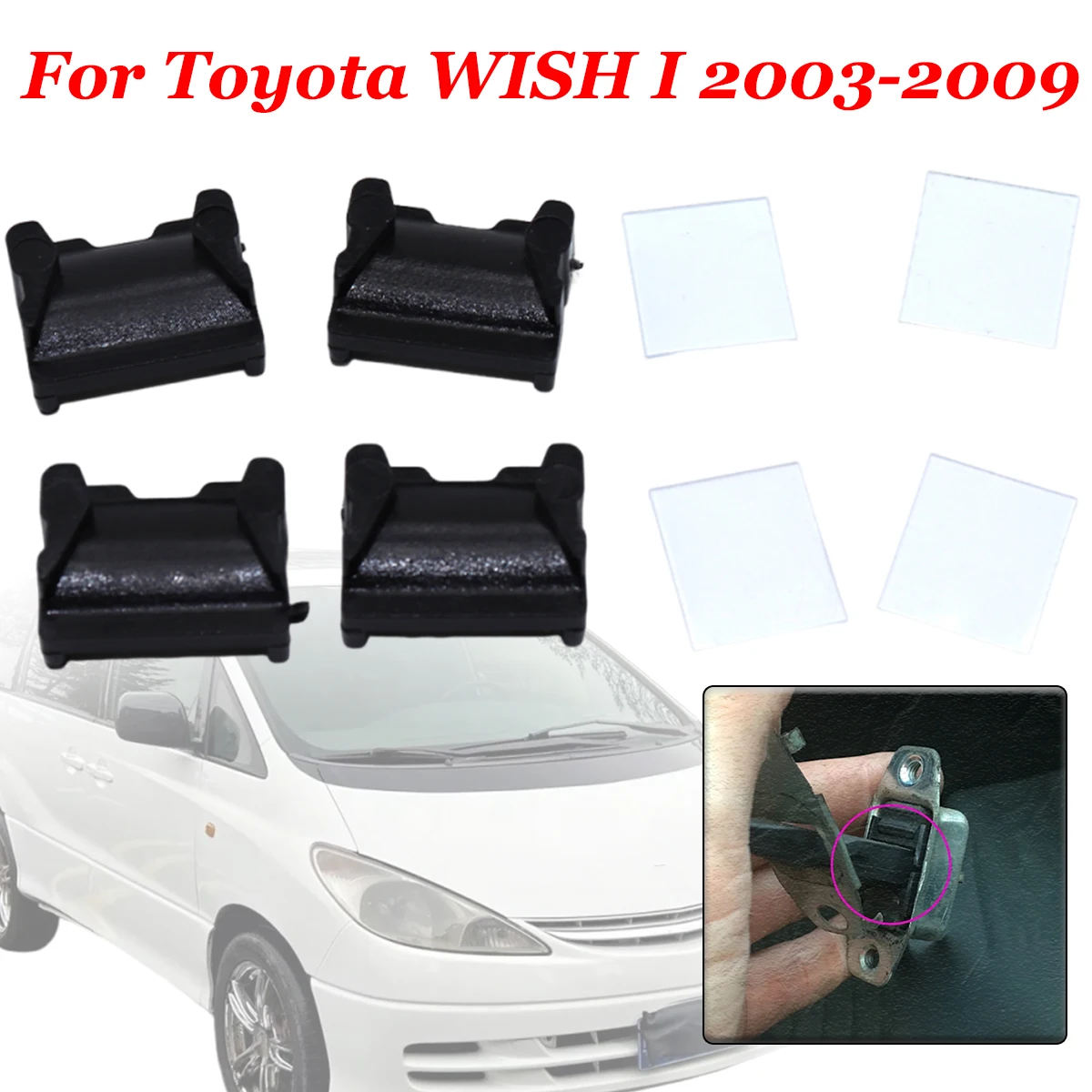 

4Kit For Toyota WISH I 2003 2004 2005-2009 New Door Hinge Stop Bracket Check Strap Repair Kit Stopper Damping Spring Clips Black