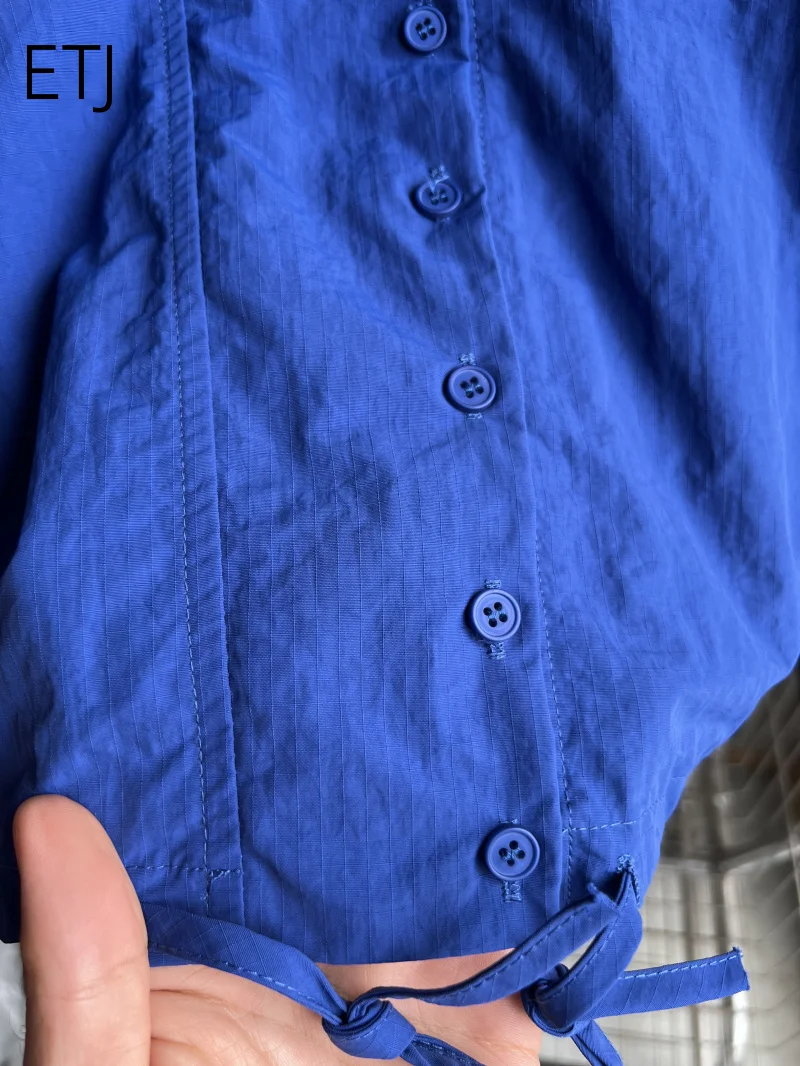 ETJ 2026 Damen Polyester Windbreaker mit Stehkragen, Knopfleiste, Leichtgewicht, Wasserabweisend, Puffärmel, Oversize-Jacke – Detail 10