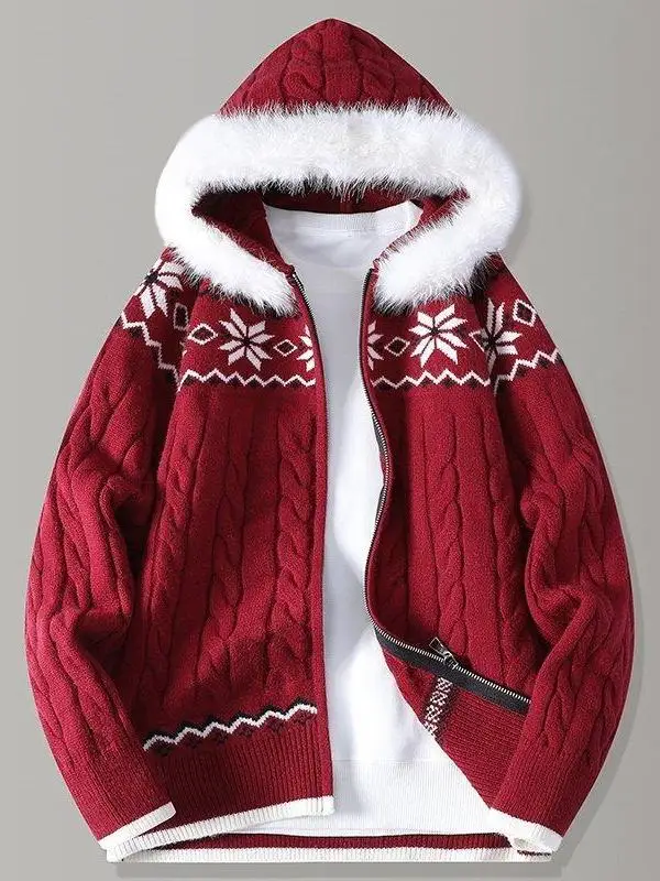 

Thiened Hooded Open Cardigan Sweater for Men Warm Knitted Red Outerwear Luy Year Casual Sle Polyester Fiber Long Sve