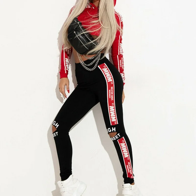 Trajes deportivos para mujer, conjuntos de pantalones con estampado de letras, sudaderas con capucha y agujeros, pantalones deportivos, trajes, ropa de Yoga, conjunto de 2 piezas, chándal