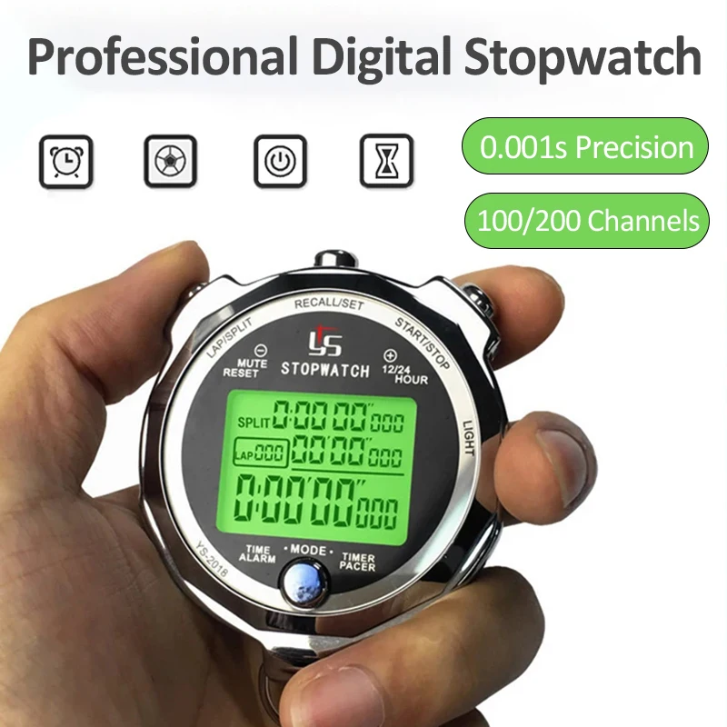 Professional Digital Stopwatch 0.001s Precision 100/200 Channels Memory Portable Sports Training Timer Luminous Countdown Timer
