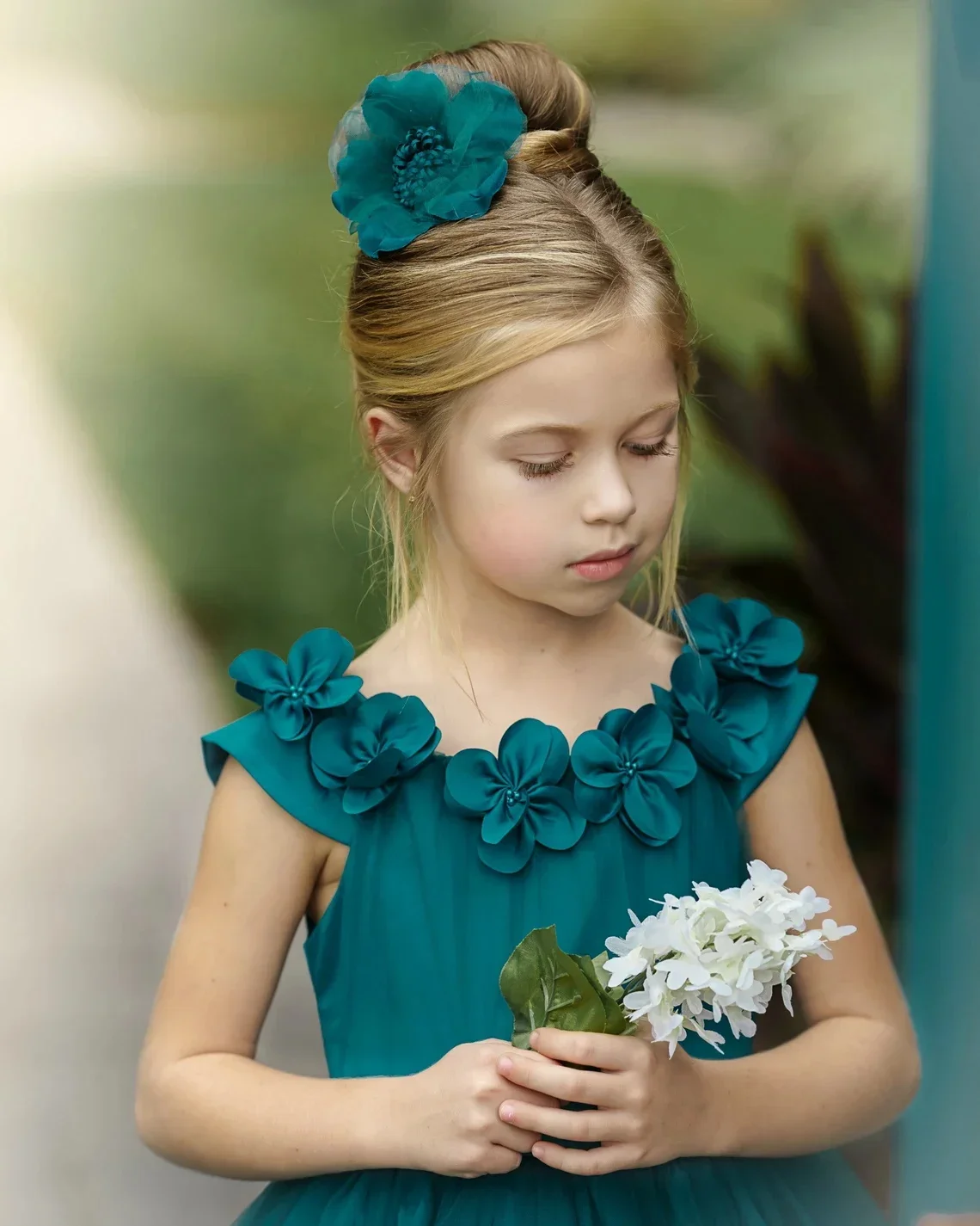 Elegant Tulle Flower Girl Dresses Baby Kids Tea Length Birthday Party Wedding Dress Flowers Teal Prom Holy Communion Dresses