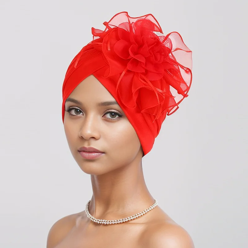 2024 Indian Turban Big Flower Chemo Cap Women Muslim Hijab Hat Pleated Beanie Bonnet Hair Loss Head Wrap Headband Turbante Mujer