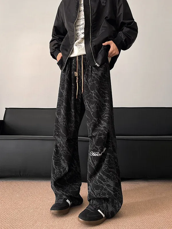 

Vintage American Workwear Casual Pants Men's Spring Summer Wide Leg Lightning Pattern Spor Loose Fit Straight Leg Trousers