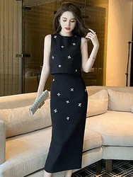 Elegant Fashionable 2 Pieces Outfits Women Simple Black Diamond Flowers Vest Tank Short Crop Tops Slit Skirt Sets Party Clothes