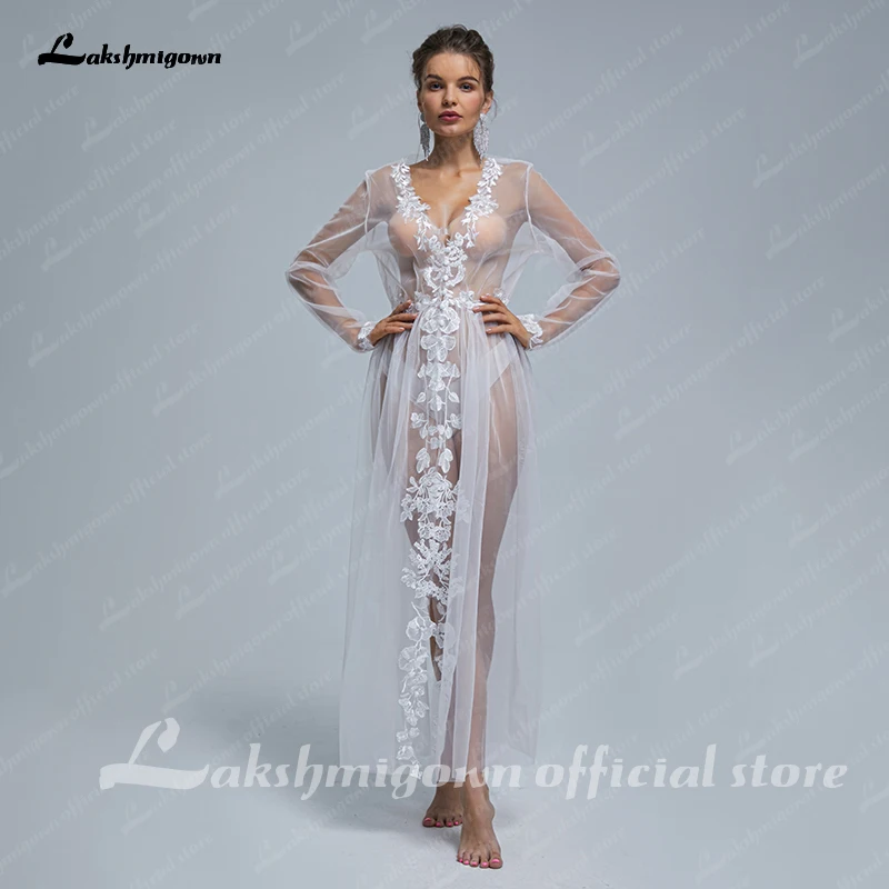 Sexy White Bridal Nightgowns Lace Long Sleeves V Neck Appliques Party Pajamas Illusion Photography Bridal Wedding Sleepwear ST01