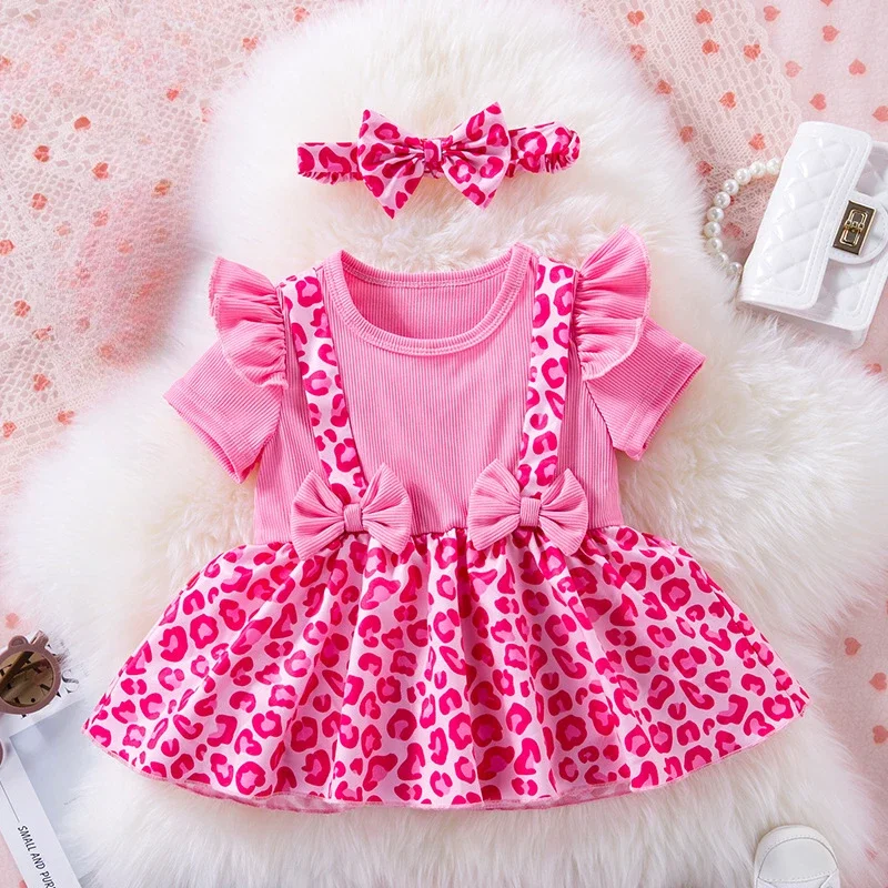 

Newborn Outfit Baby Girl Clothes Pink Bow Short Sleeve Rompers Cute Headband Set Summer Clothing Baby Romper Dress