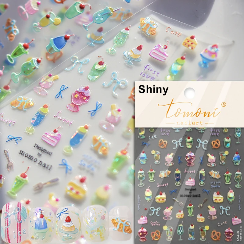 5D colorful food nail stickers pudding alkaline water bow cream fork cup bread jelly fruit design cake embossed nail art sticker