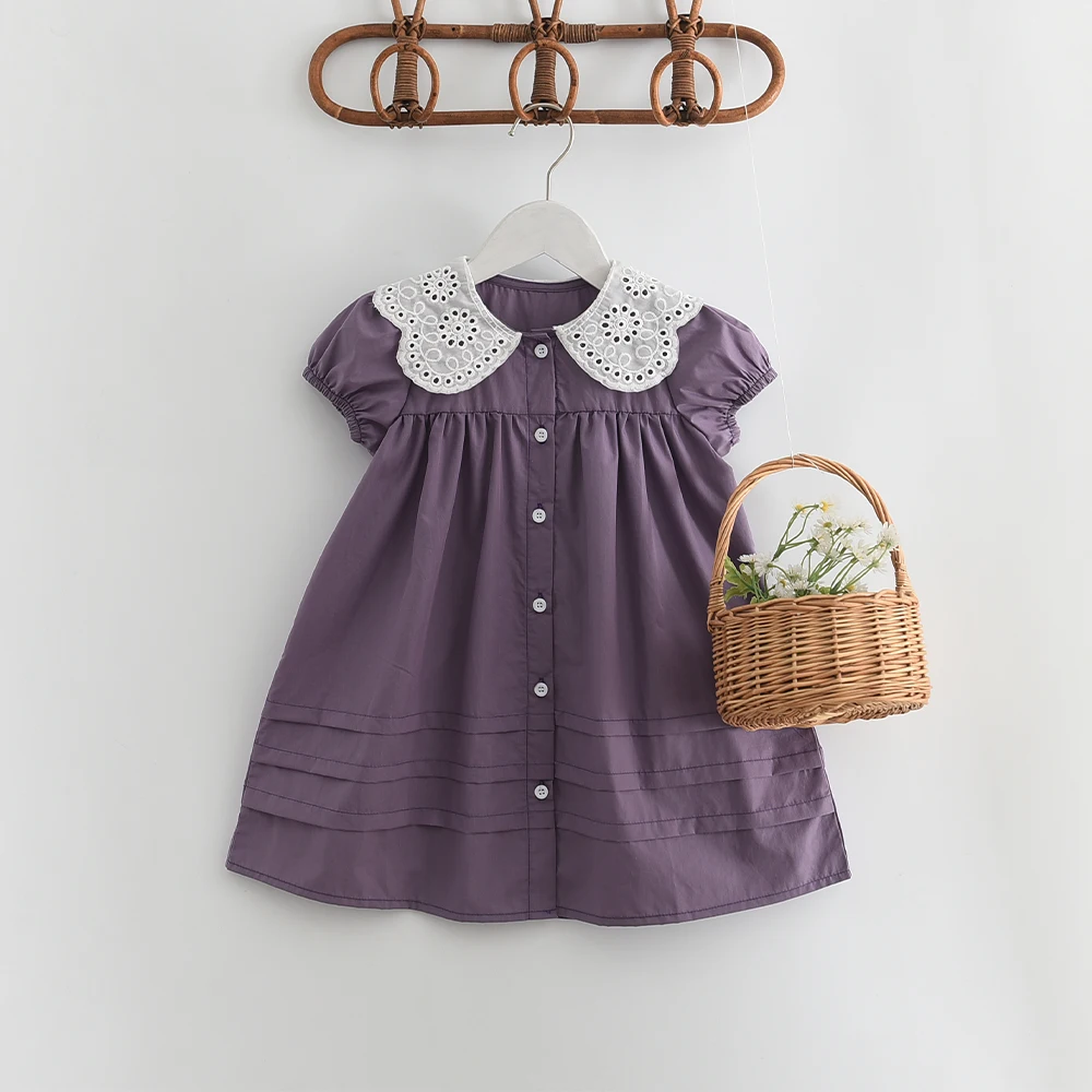 Korea Casual Lace Lapel Kids Clothes Single Breasted Dress Summer Purple Fashion Girls Princess Dresses Children\'s Clothing