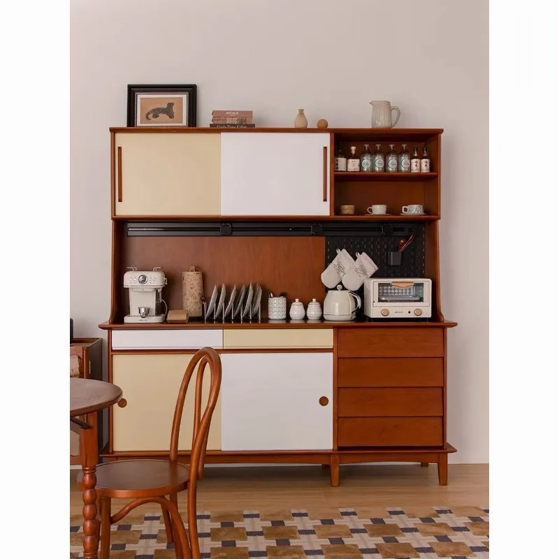 

Medieval style solid wood dining side cabinet, kitchen integrated cabinet against the wall, multi-functional rock slab retro tea