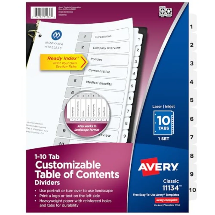 

Dividers for 3 Ring Binders, 10 Tabs per Set, Customizable Table of Contents, Classic White Tabs, Great for Organizing Reports,