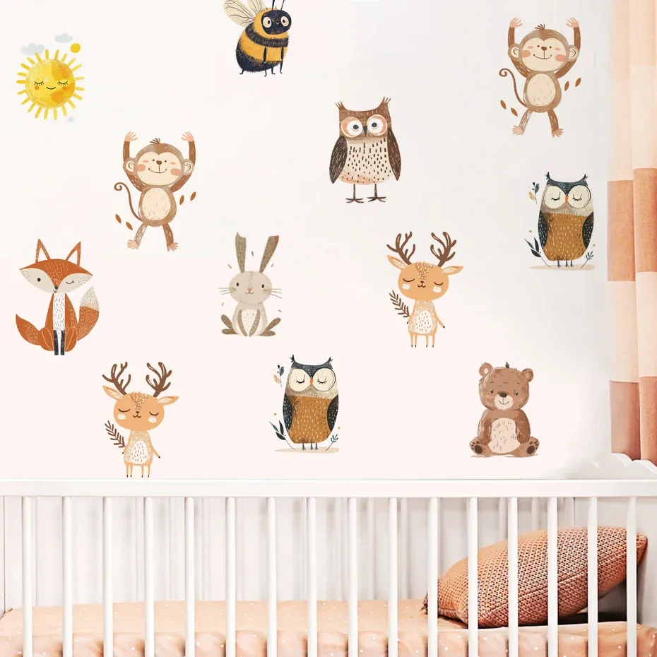 

Boho Cartoon Monkey Rabbit Cute Animal Watercolor Nursery Stickers Wall Decals Art Print Kids Boys Girls Room Home Decor