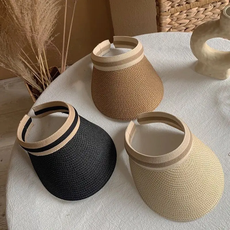 Woman New Fashion Sun Hats Female outdoor Visor beach Caps Brethable Empty Top Straw Cap Female Anti-UV Beach cap