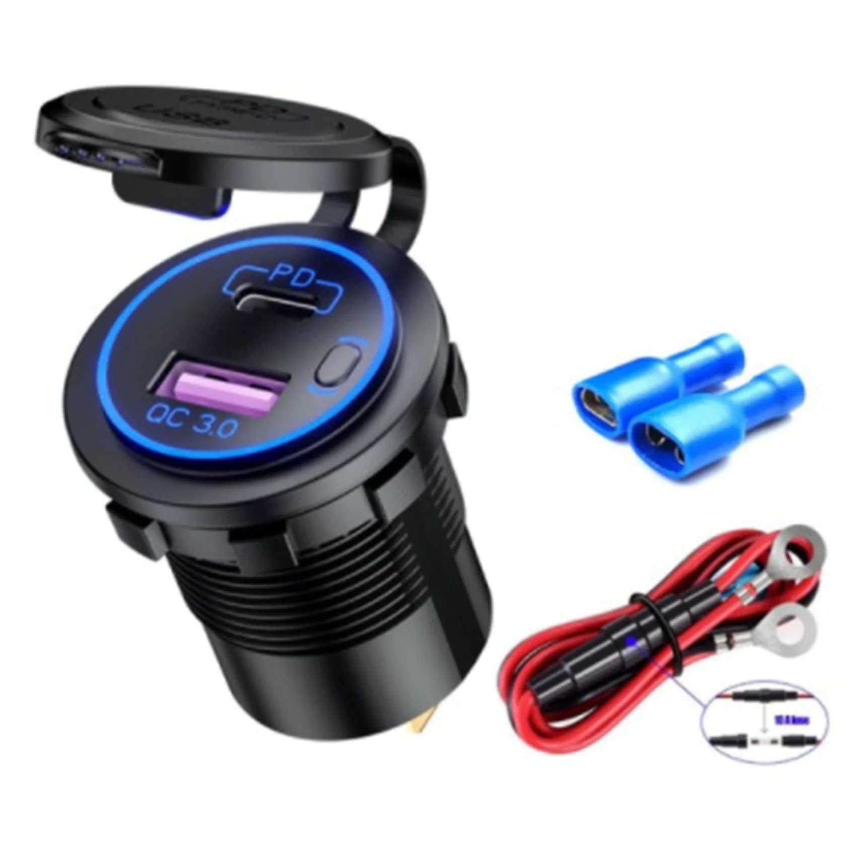 PD Type C/QC 3.0 USB Charger with Switch Socket Power Outlet Adapter Waterproof for 12V 24V Car Truck Motorcycle Blue