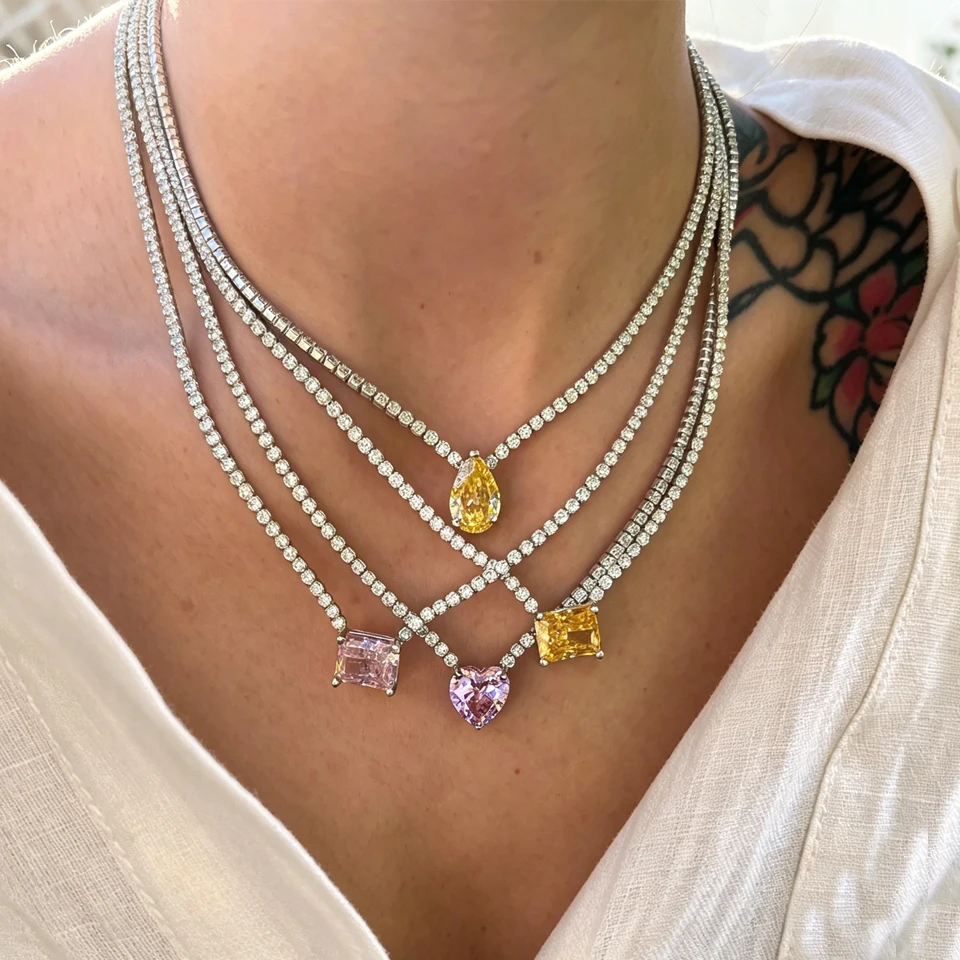 Colar de Pingente ZAKOL com Coração Quadrado de Zircônia e Cristais Brilhantes para Mulheres, Corrente Tennis CZ Amarela e Rosa, Joia de Casamento