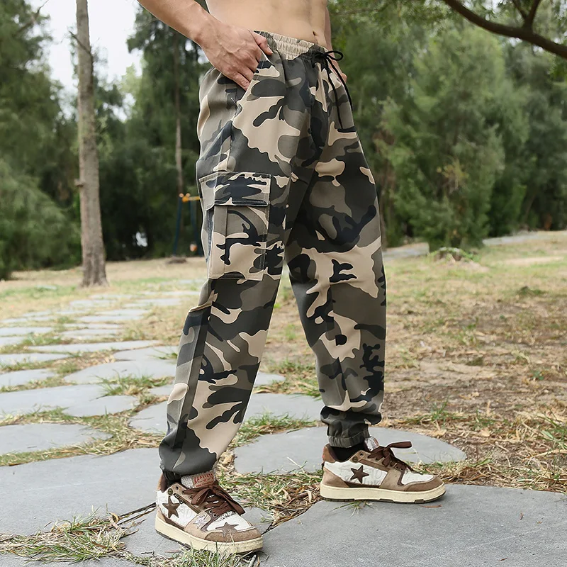 Spring Autumn Mens Camouflage Cargo Pants Loose Outdoor Sports Casual Sweatpants Man Multi-pockets Foot Binding Trousers Men