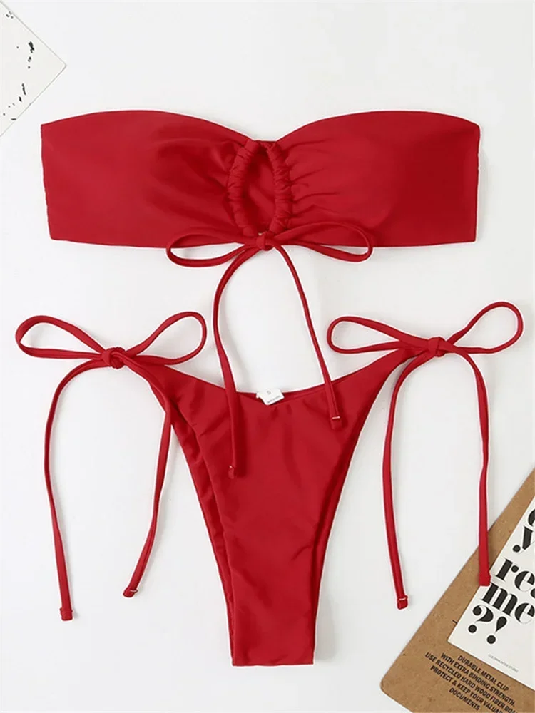 Sexy Bandeau Bikini Swimwear Women Red Black Pleate Lace Up Swimsuit 2024 Cut Out Beach Bathing Suit Tie Side Thong Bikinis Sets