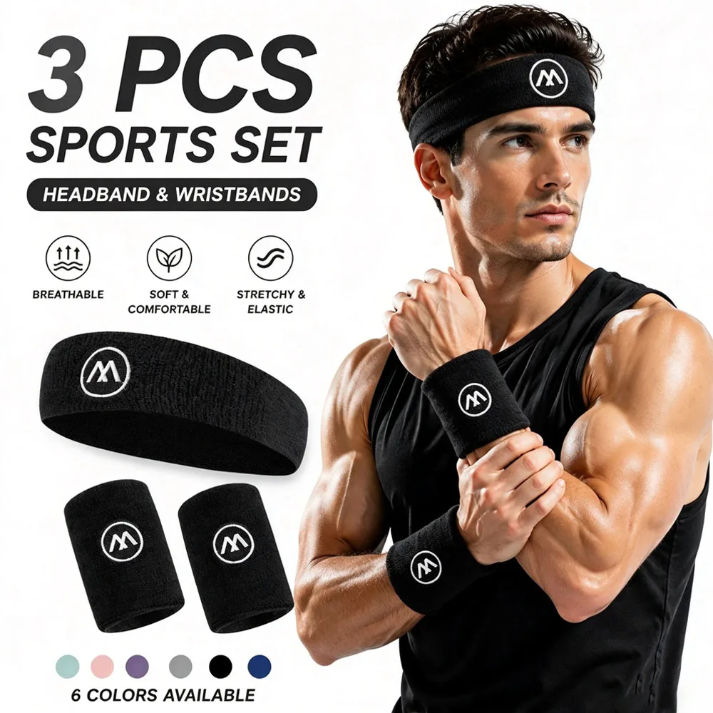 3Pcs Athletic Sweatband Set,Headband and Wristbands,Absorbent Terry Cloth Sports Accessories for Running,Tennis,Basketball,Gym