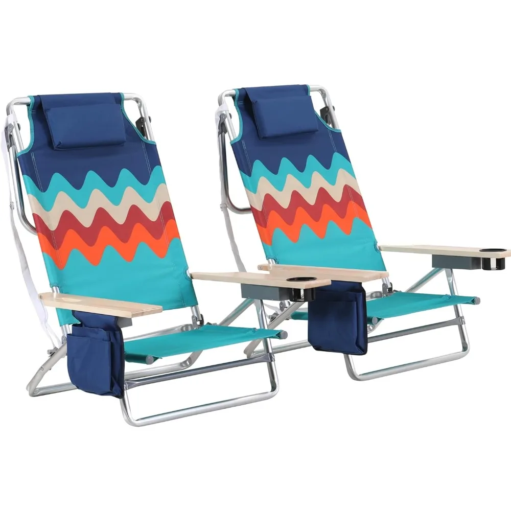 

2 Pack Aluminum Beach Chairs 5 Positions Portable Folding Reclining Chairs with Cooler Bag, Towel Bar, Cup Holder, Pocket