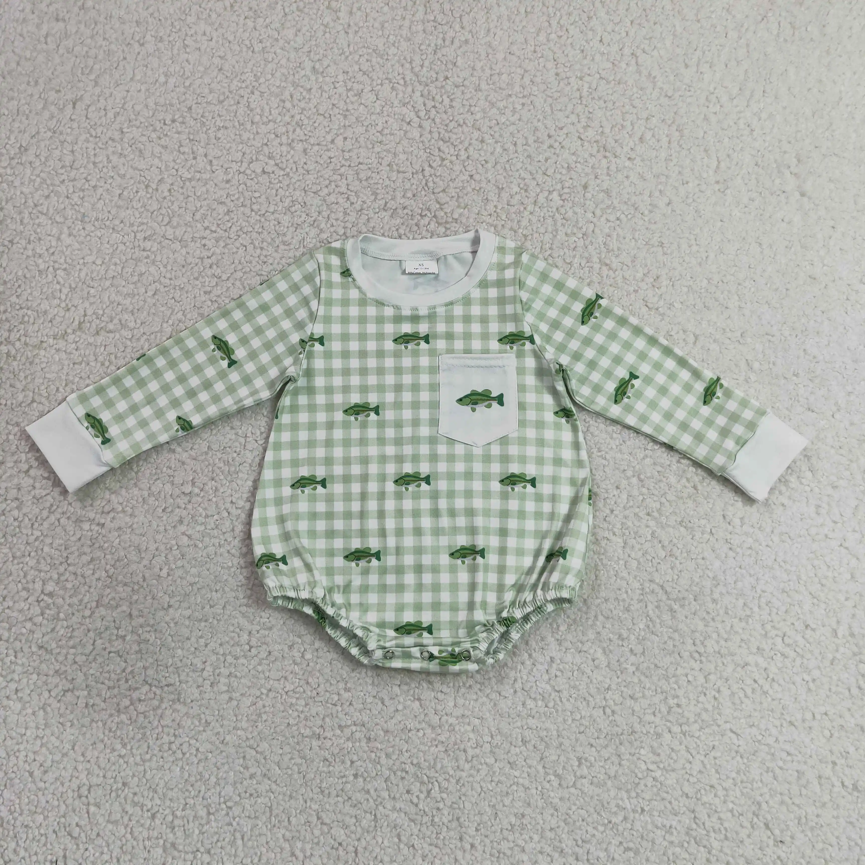 Wholesale Baby Boy Children Long Sleeves Fish Green Plaid Clothing Toddler Bubble Romper Kids Infant Newborn Coverall Bodysuit