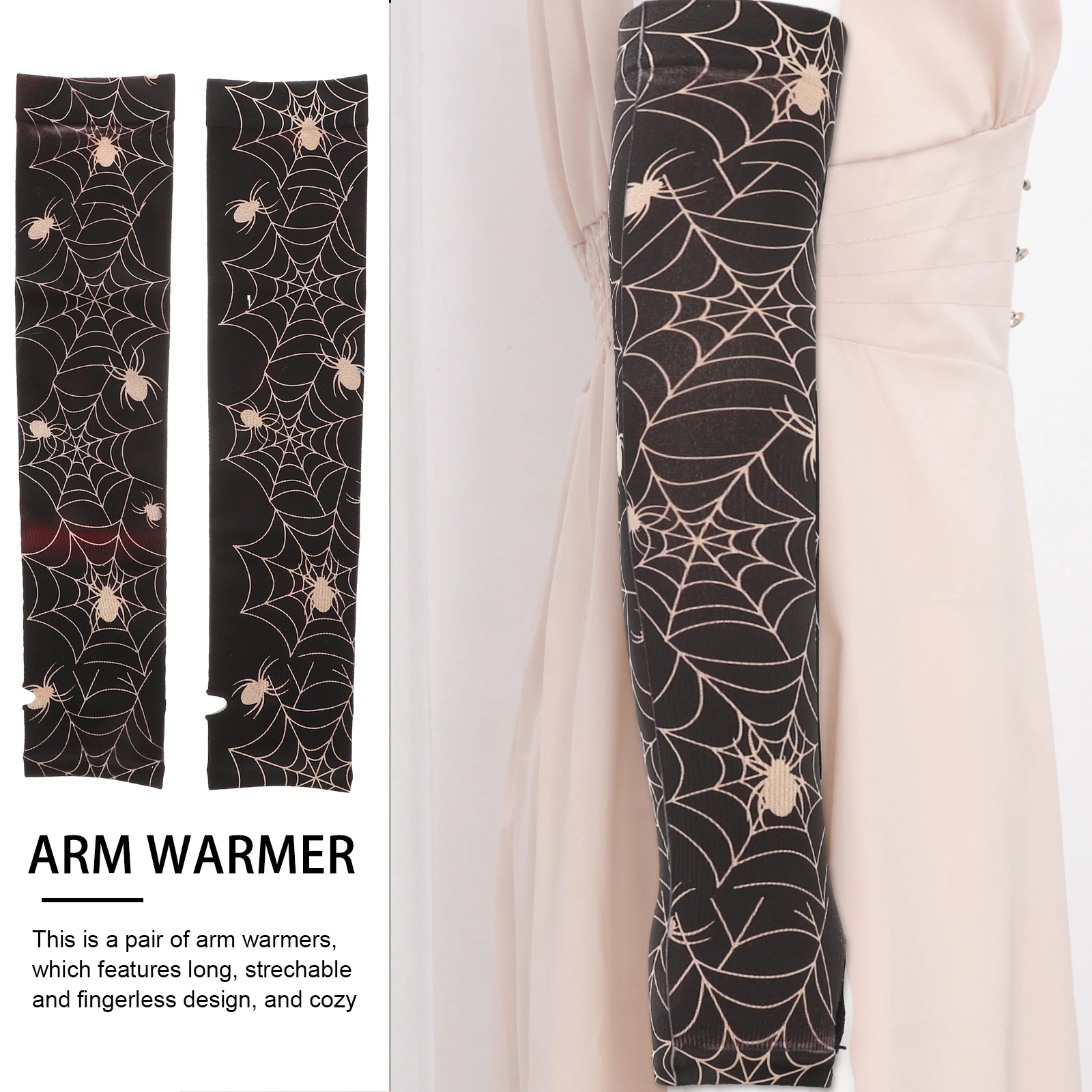 

Pair Spider Web Arm Warmers Knit Fingerless Gloves Winter Stretchy Long Gloves Cozy Outdoor Wear Black White Free Size