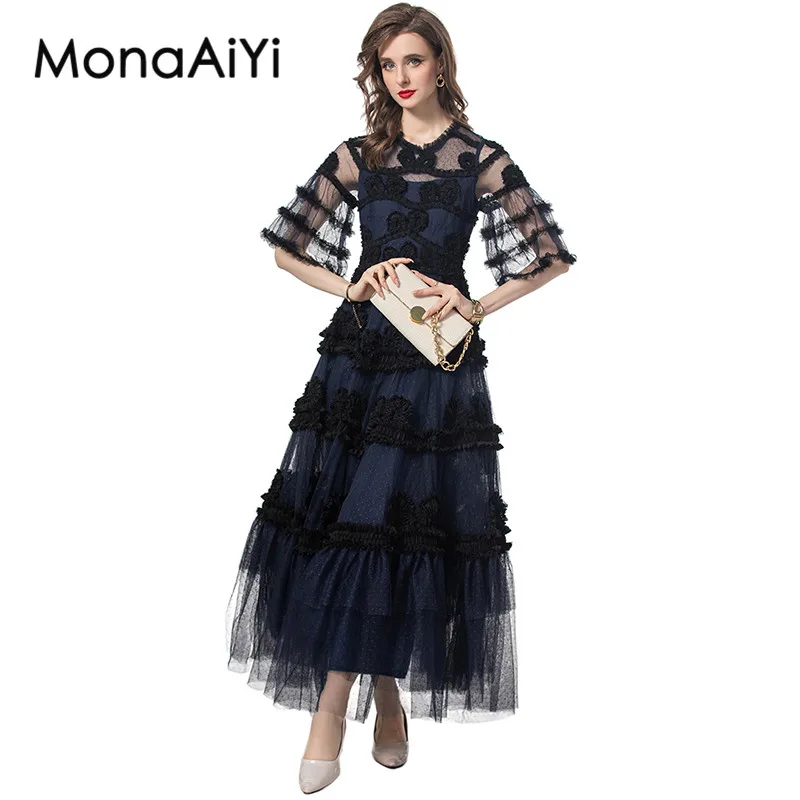 MonaAiYi Fashion Summer Women's Mixi dress Flare Sleeve Mesh Splicing Edible Tree Fungus Edge High Waist Striped S-4XL Dresses