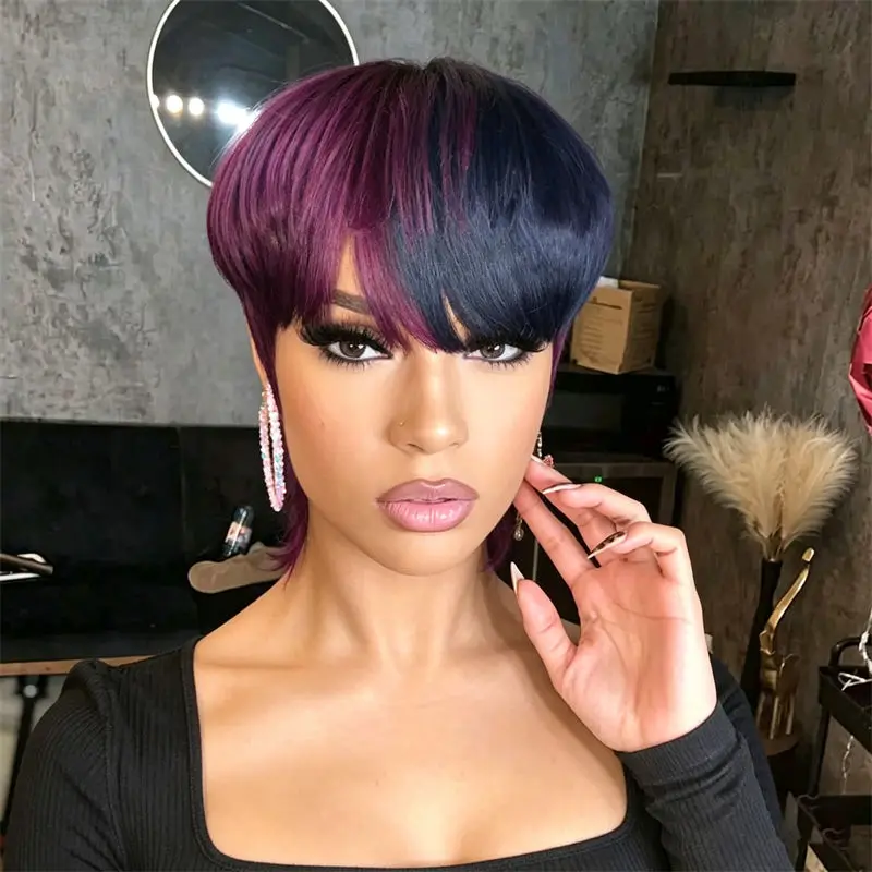 Mullet Wig Short Pixie Cut Human Hair Wig Shiny Purple Ombre Hairline Full Machine Made Easy Install For Carnival Cosplay Looks