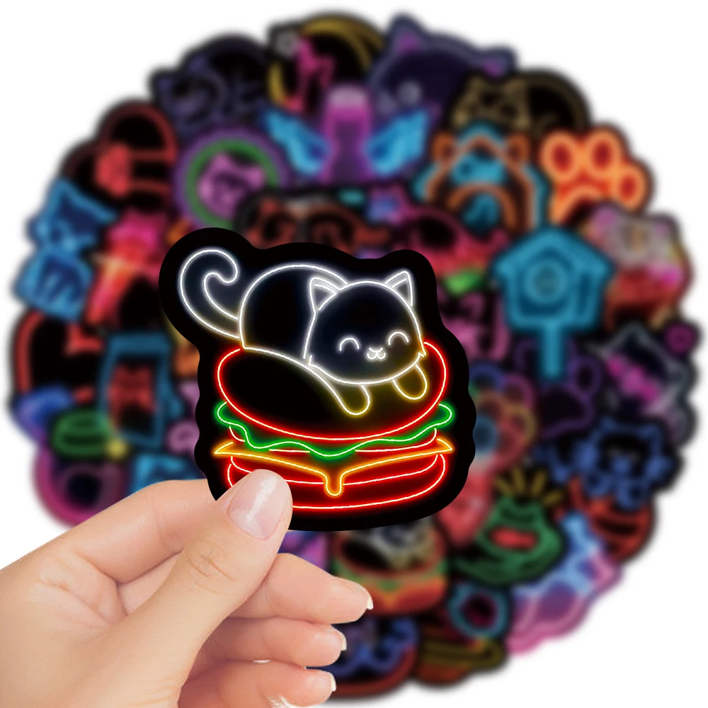 10/30/50pcs Neon Light Mixed Cat Stickers Cute Animal Cartoon Decals DIY Water Bottle Diary Stationery Waterproof Kawaii Sticker