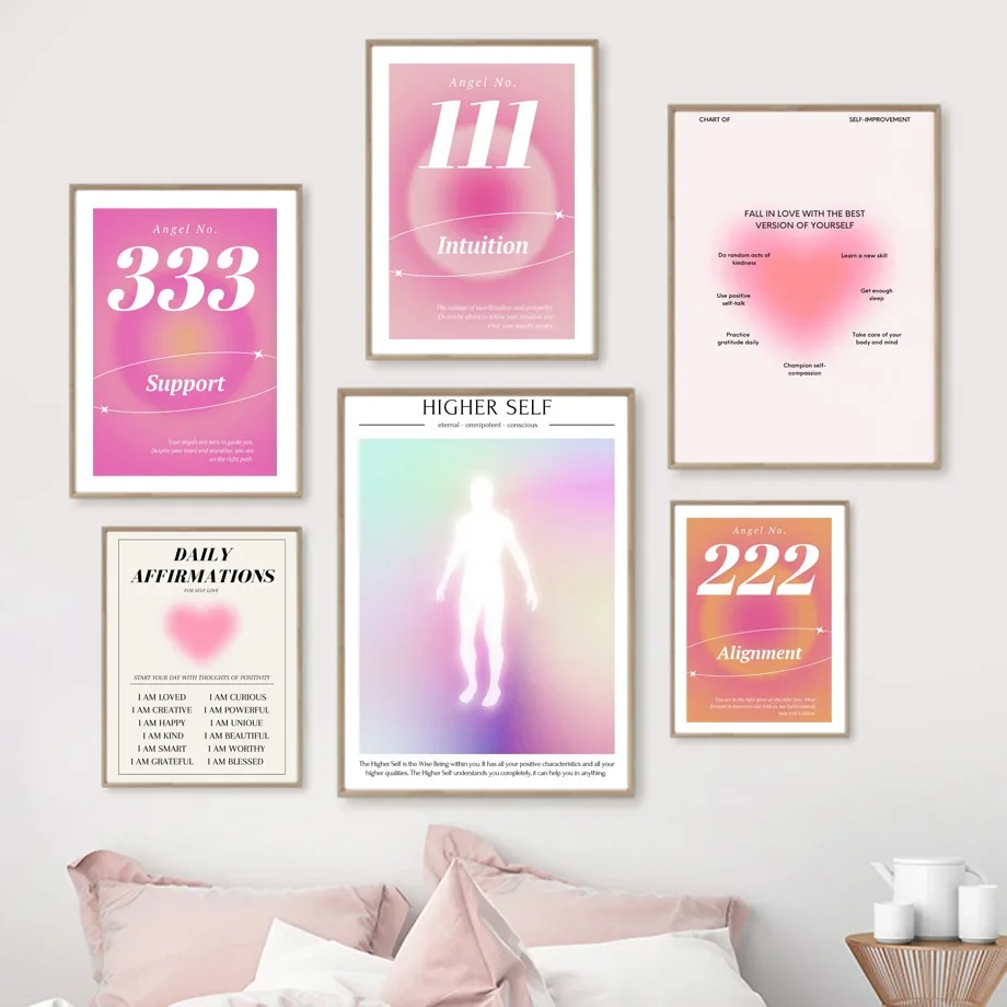 Aura-Póster de mariposa con soporte espiritual, número de Ángel rosa, imagen artística de pared, decoración Interior del hogar para sala de estar, pintura impresa en lienzo