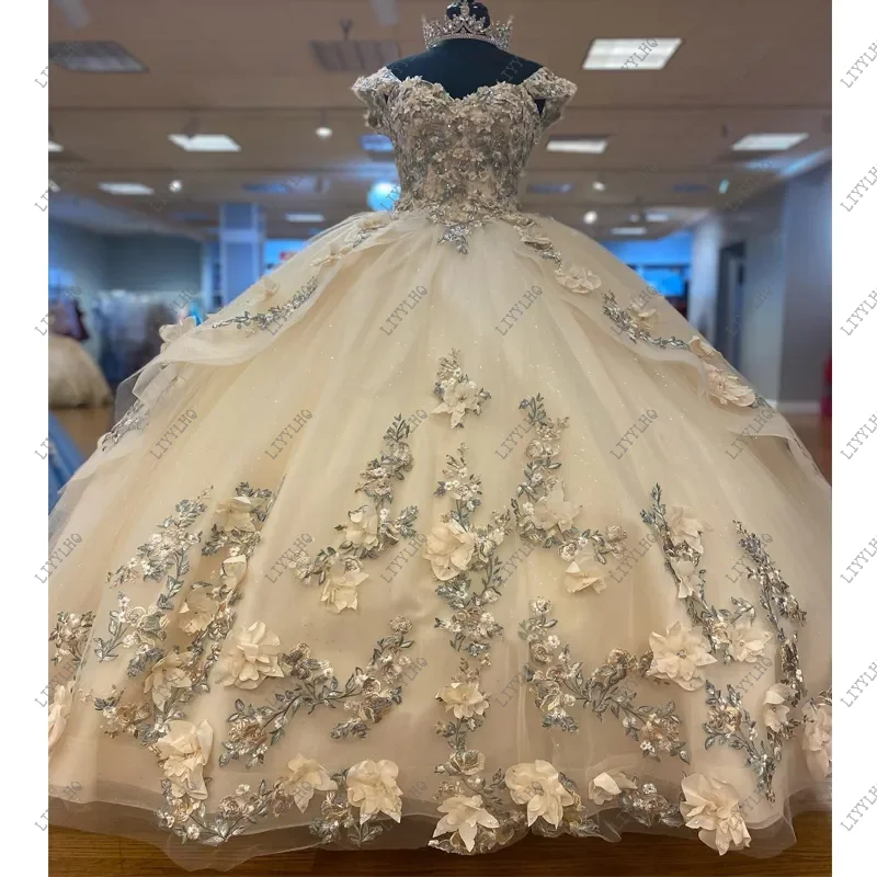 Gaun Pesta Putri Bunga 3D Krem Mewah Gaun Quinceanera Sayang Applique Pesta Ulang Tahun Manis 16 Vestidos De 15 Anos Panjang