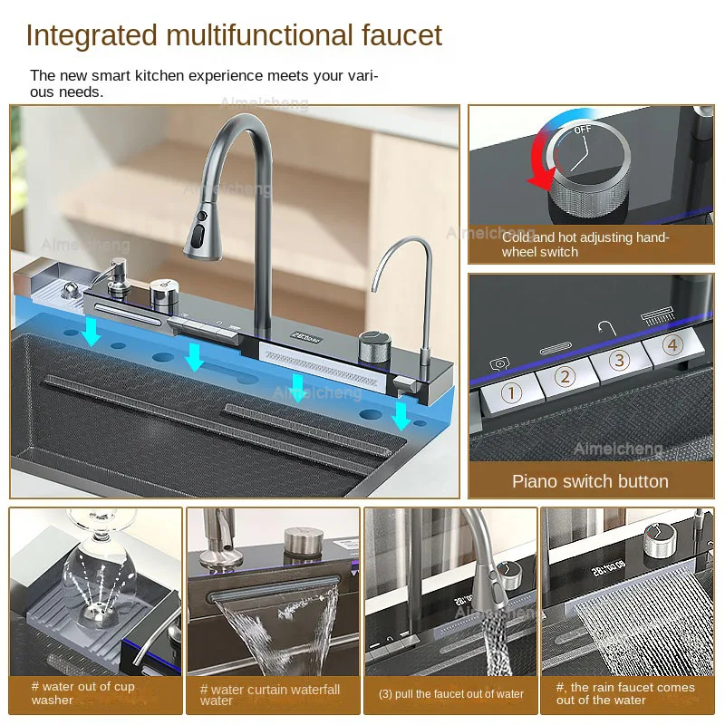Imagem -03 - Pia de Cozinha de com Torneira Display Digital Grande Tigela Única Cachoeira Chuva Funções Sistema Prato Pia Aço Inoxidável