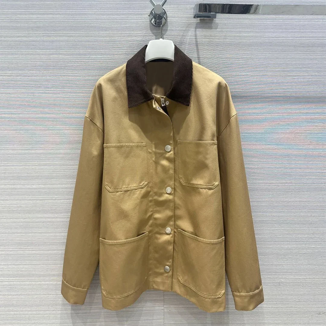 

2024 New Spring Fashion Safari Style Jacket Women Corduroy Patchwork Turn-down Collar Long Sleeve Pockets Loose Shirt Coat