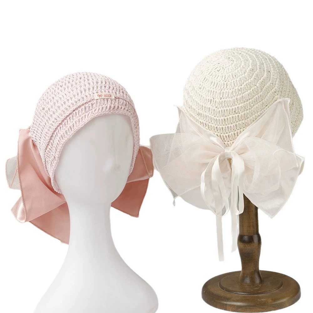 

Breathable Knitted Cap for Women Big Bow Hat Sweet Hair Wrap Hat Hand-Knitted Hollow Hats for Girls