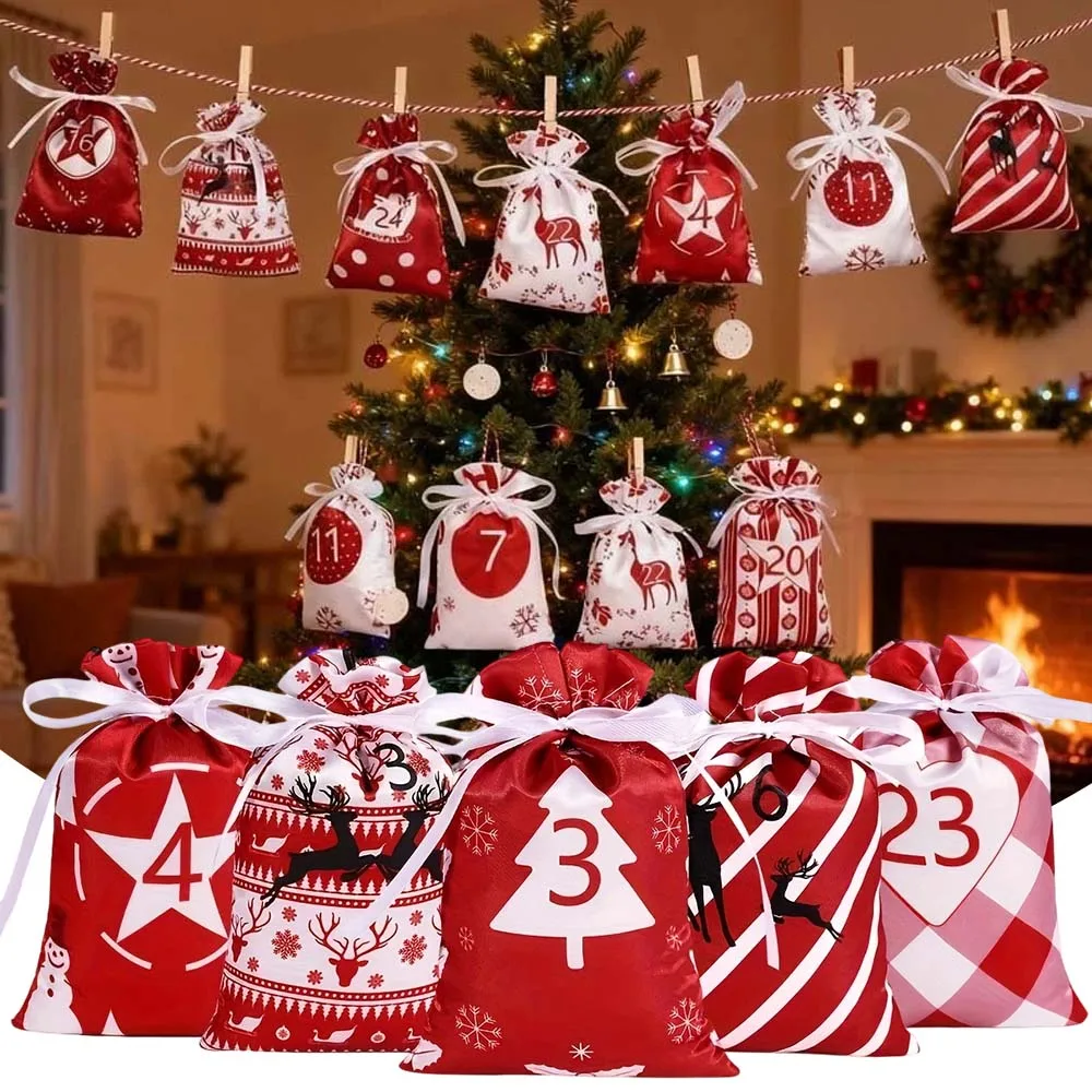

2026 Drawstring Advent Calendar Hanging Bag Advent Calendar Gift Bag 24pcs/set DIY Christmas Advent Calendar Santa Claus Pattern