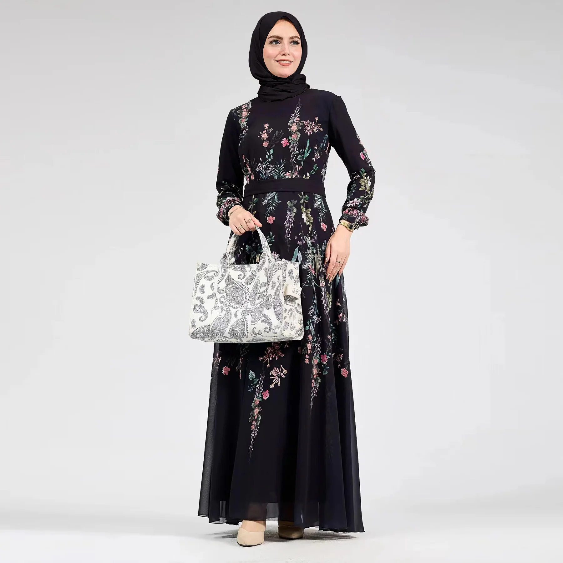 

Islamic Clothing Chiffon Printed Summer Women Dresses Fashion Long Sleeve Black Modest Abaya Women Muslim Dress