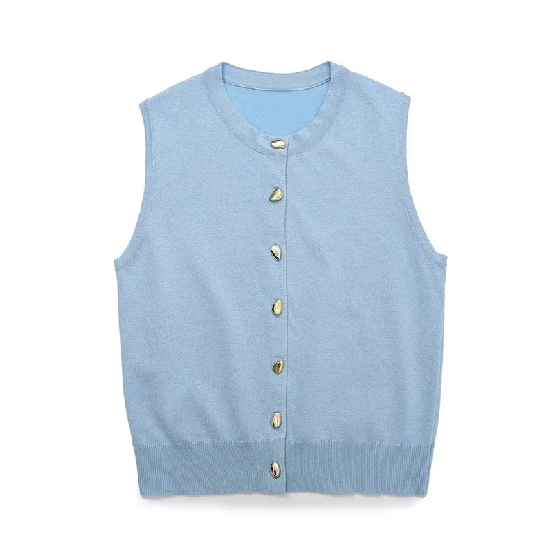 YENKYE New Women Front Button Plain Knit Tops O Neck Sleeveless Autumn Casual Tank Top