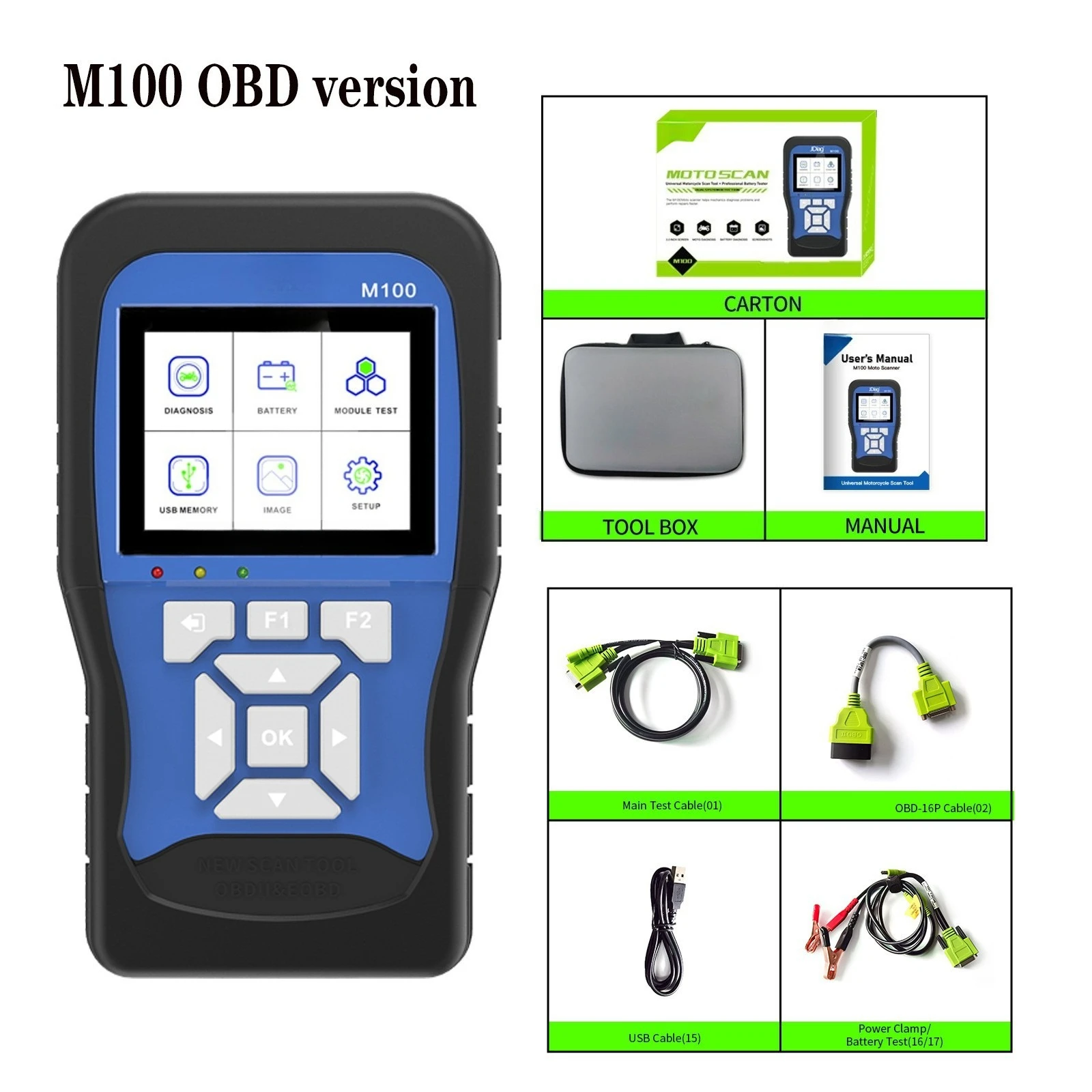 

Для версии M100 OBD: система двойной диагностики (для мотоциклов) + проверка аккумулятора