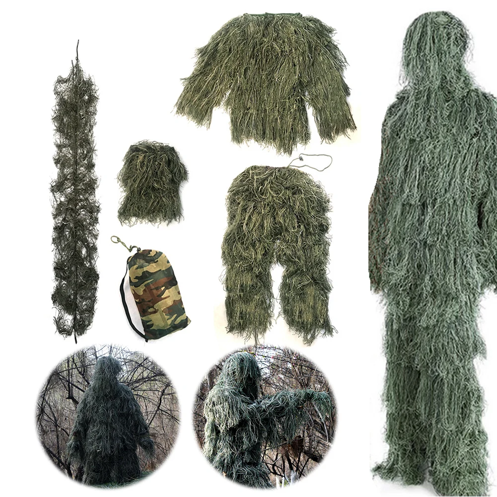 5-piece Set Men Kids Outdoor Ghillie Suit Camouflage Clothes Jungle Suit CS Training Leaves Clothing Hunting Suit Pants Jacket