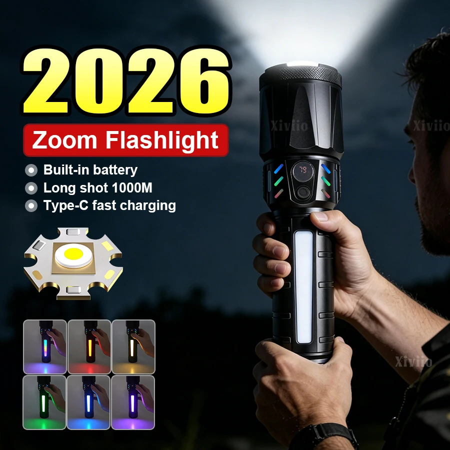 New Multifunctional Strong Light Flashlight Outdoor With Colorful Side Light Super Powerful Zoom light Long Range Charge Torch
