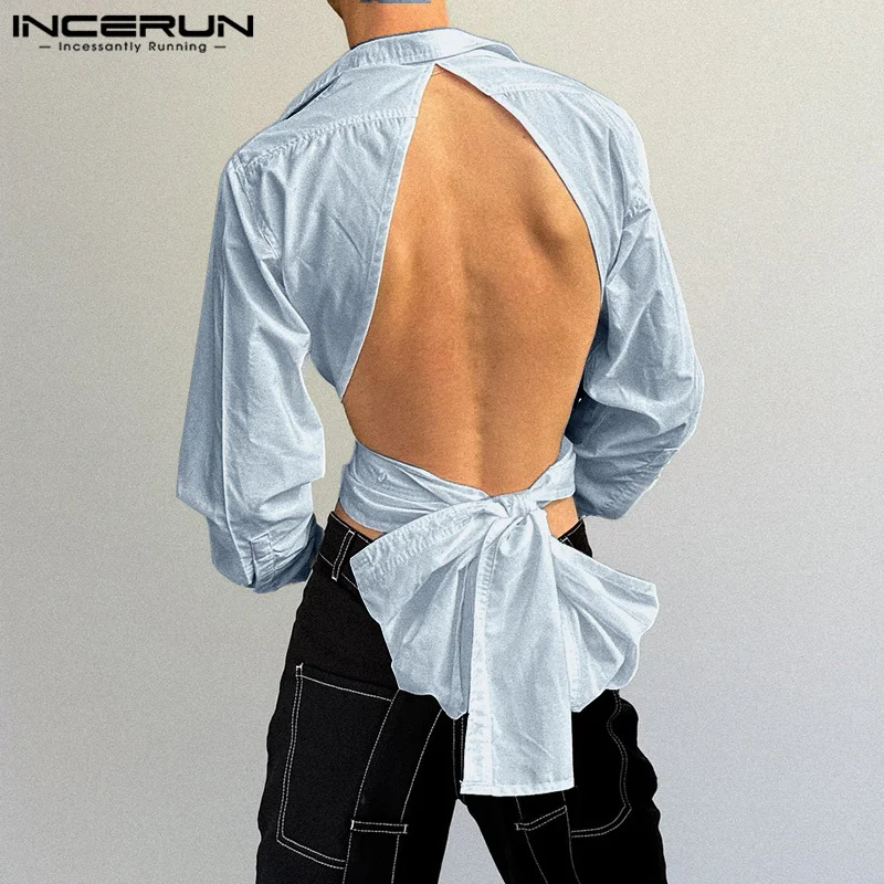 INCERUN Men Fashionable Shirts Turn Down Collar Long Sleeve Button Down Backless Tops Back Hollow Out Lace Up Bow Knot Blouse