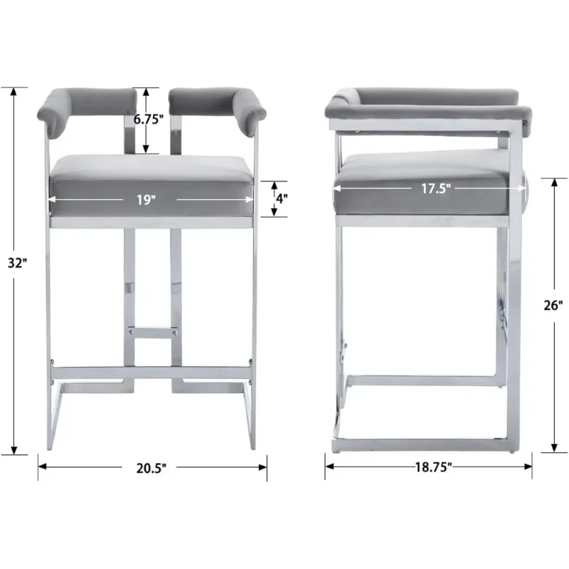 Juego de 2 taburetes de mostrador de piel sintética, barra baja industrial moderna tapizada de 26 pulgadas de altura de asiento con marco cromado, cocina con respaldo abierto