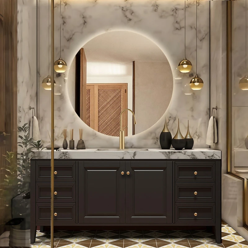 American Retro Bathroom Cabinet Combination Bathroom Sink Washbasin, Rock Board Washbasin, Oak Baked Paint Floor Standing