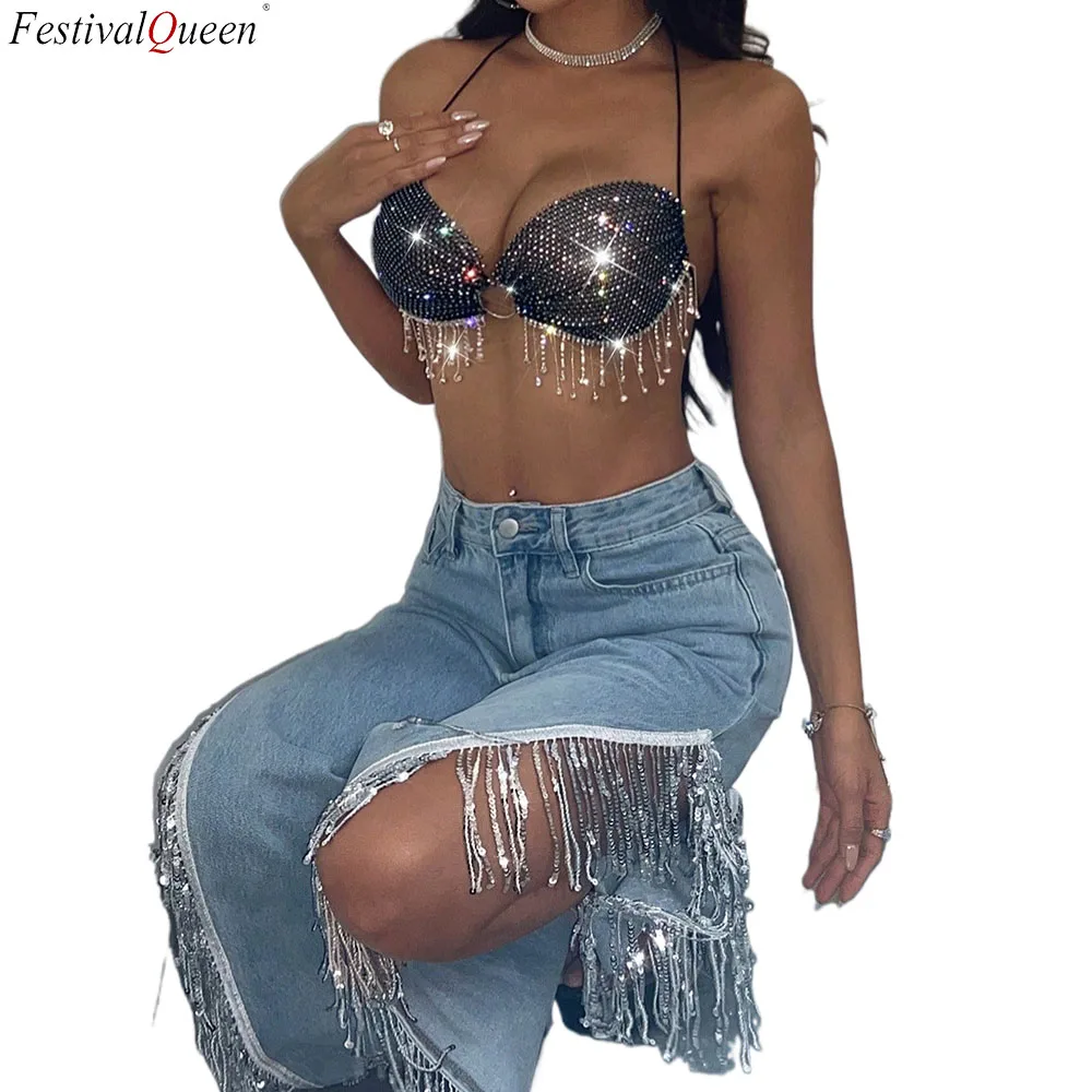 FestivalQueen Sexy Women's Rhinestone Mesh Halter Top With Fringe Necklace Strap And Cutout Back