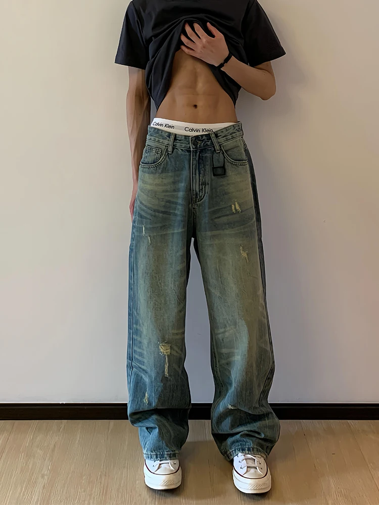 

American Retro Hole Denim Jeans Men Summer Thin Faion Brand Haome High-End Feel Straight Leg Bell Bot